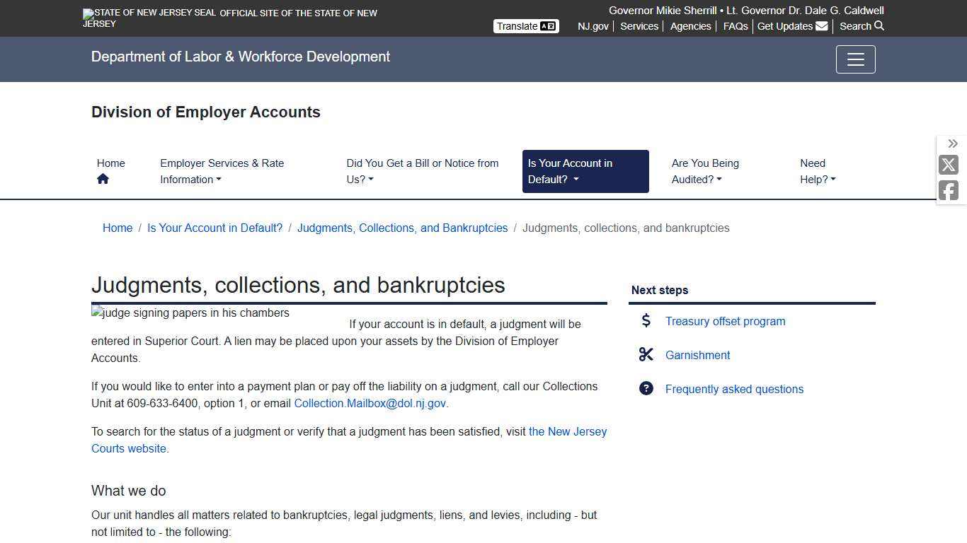 Division of Employer Accounts Judgments, collections, and bankruptcies